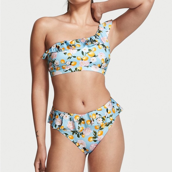 Victoria’s Secret Blue Lemon Ruffle One Shoulder Swim Top and Bottoms Bikini Set - Picture 1 of 8